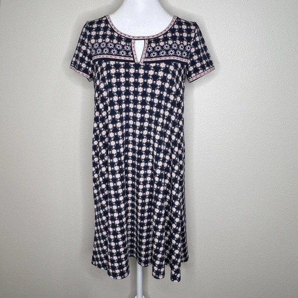 Max Studio Navy Blue & Peach Geometric Circle Print Short Sleeve Swing Dress XS - Picture 1 of 10